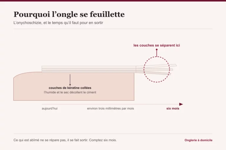 Coupe d'un ongle dont les couches de kératine se séparent au bord libre